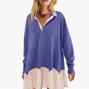 Dusty Purple & Beige Oversized Sweatshirt Dress  V-Neck Collared Pullover Large